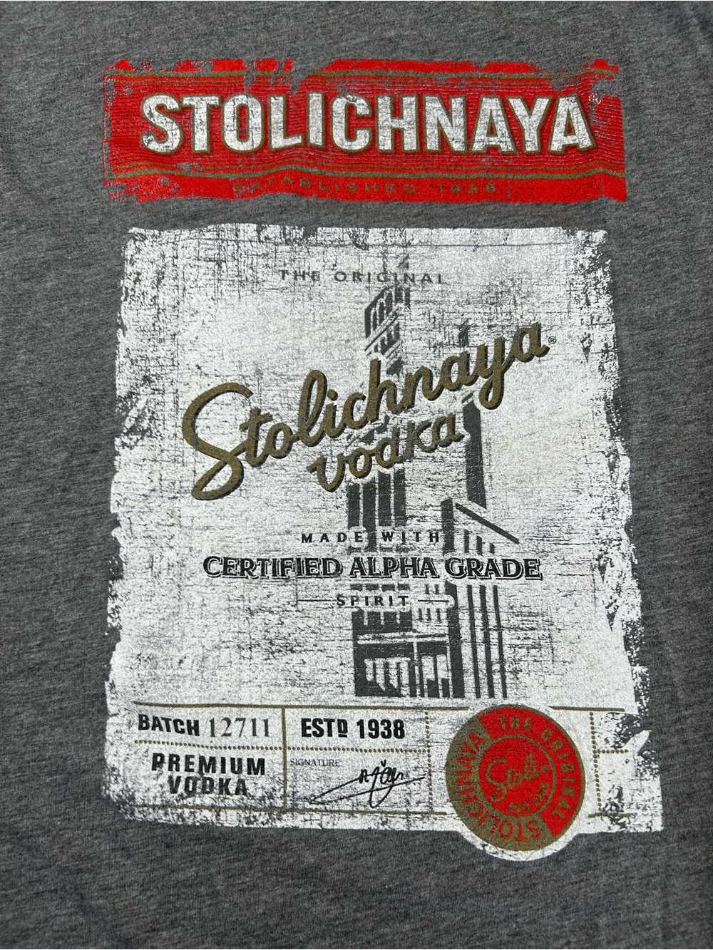 Stolichnaya Vodka Graphic T-Shirt Gray Bella+Canvas Men’s Large Distressed - Picture 5 of 7